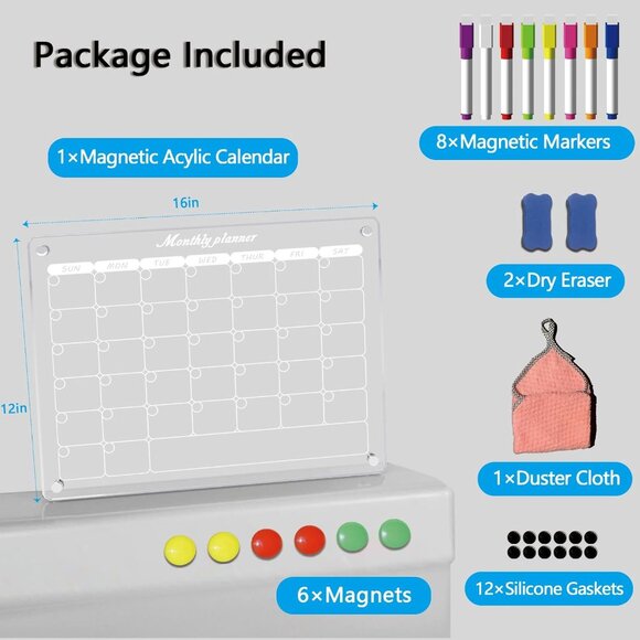 Acrylic Magnetic Monthly Calendar for Fridge, 16"x12" Clear Magnetic Monthly Dry - Picture 2 of 8